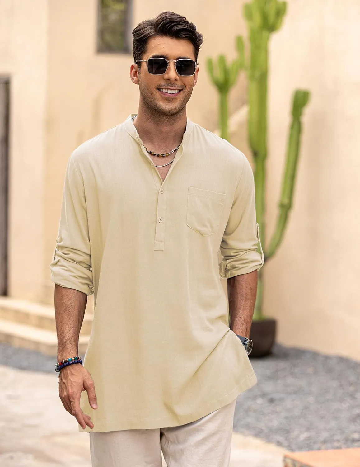 COOFANDY Men's Linen Henley Shirts Long Sleeve Collarless T-Shirts Longline Kurta Beach Shirts with Pocket