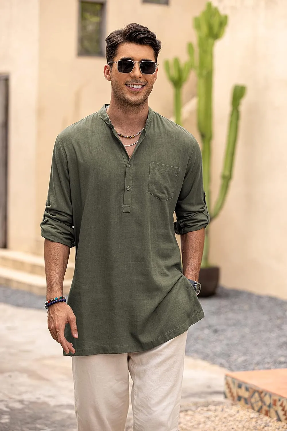 COOFANDY Men's Linen Henley Shirts Long Sleeve Collarless T-Shirts Longline Kurta Beach Shirts with Pocket