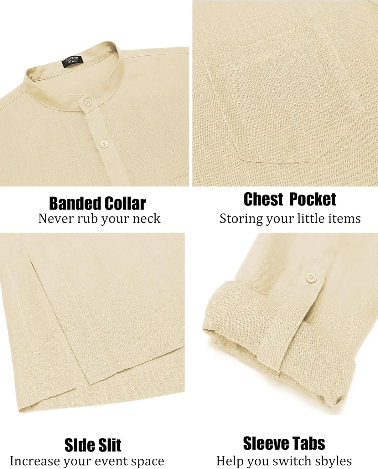 COOFANDY Men's Linen Henley Shirts Long Sleeve Collarless T-Shirts Longline Kurta Beach Shirts with Pocket