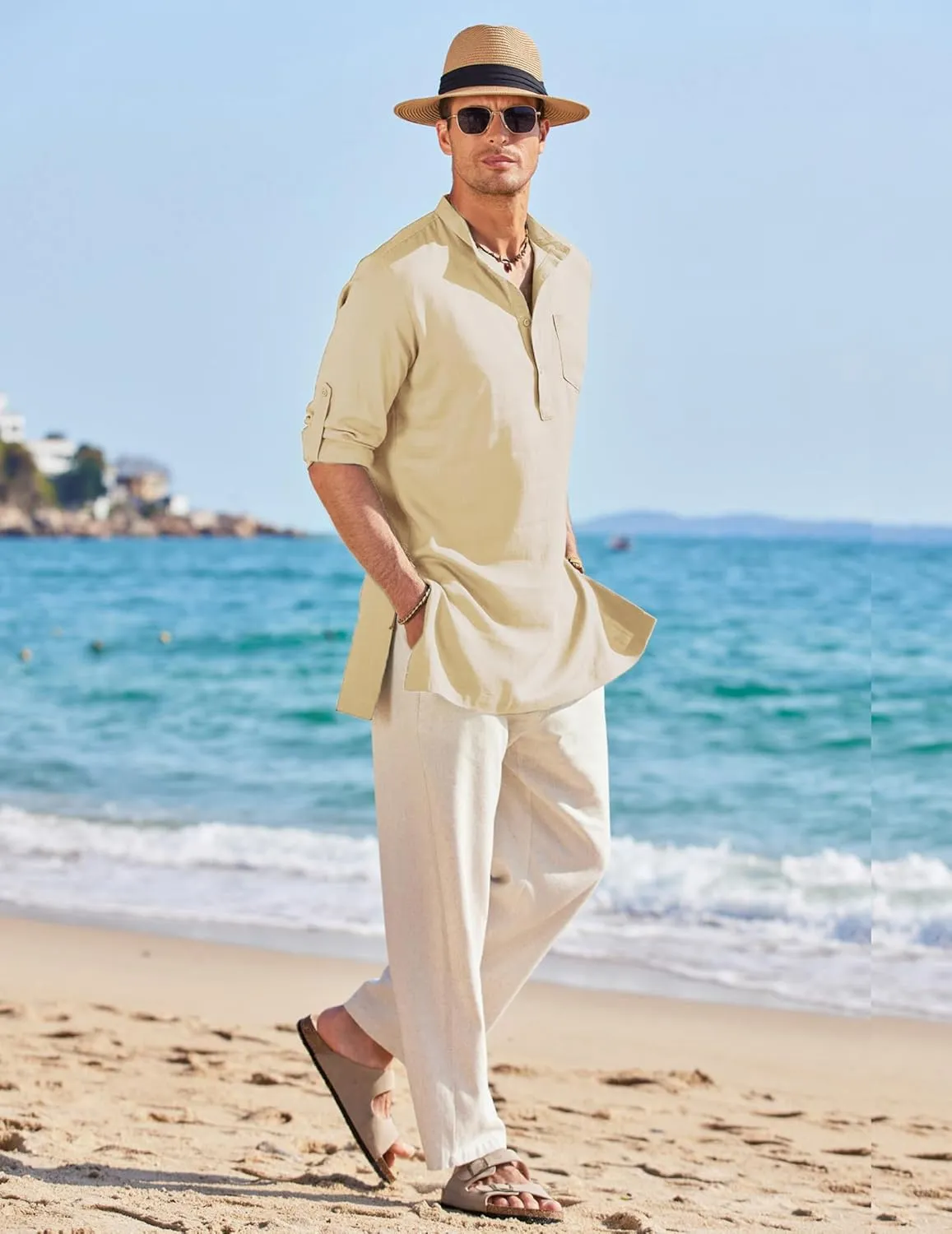 COOFANDY Men's Linen Henley Shirts Long Sleeve Collarless T-Shirts Longline Kurta Beach Shirts with Pocket