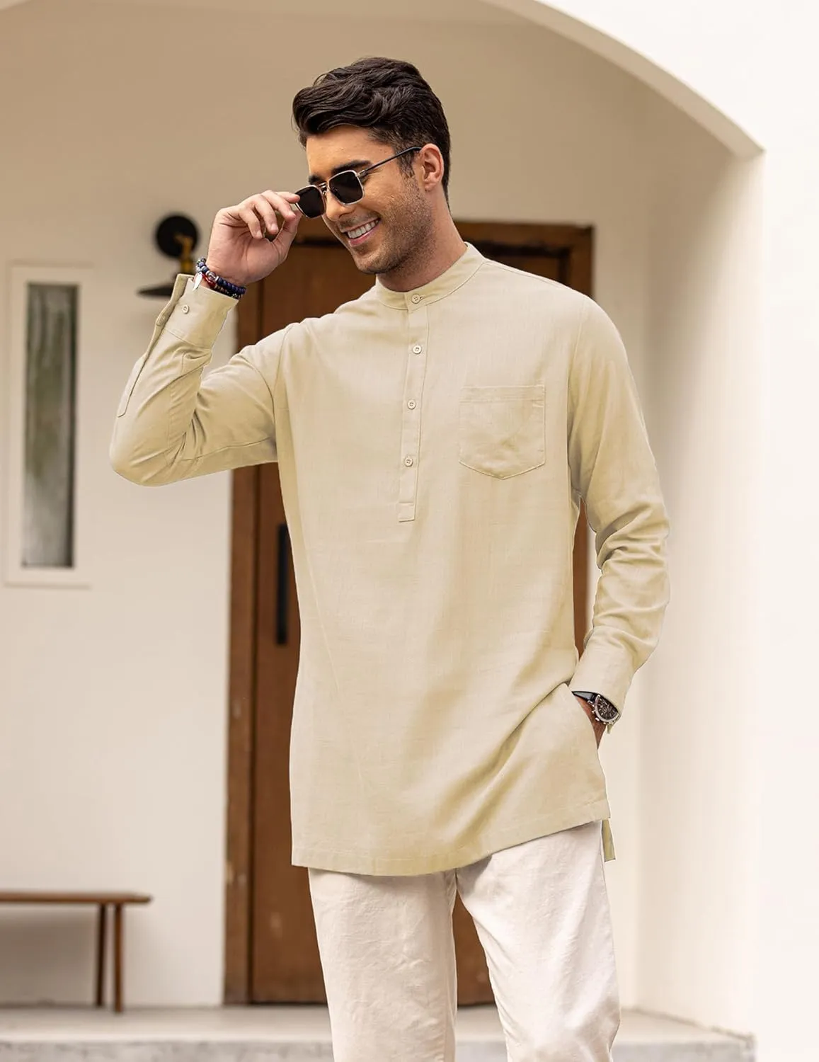 COOFANDY Men's Linen Henley Shirts Long Sleeve Collarless T-Shirts Longline Kurta Beach Shirts with Pocket