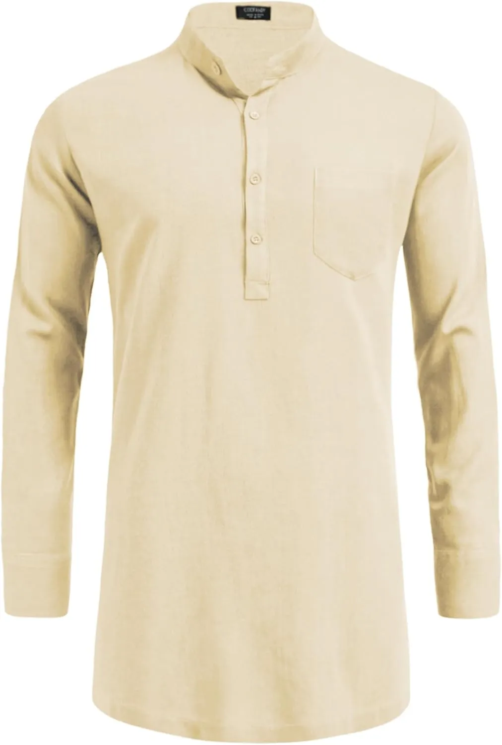 COOFANDY Men's Linen Henley Shirts Long Sleeve Collarless T-Shirts Longline Kurta Beach Shirts with Pocket