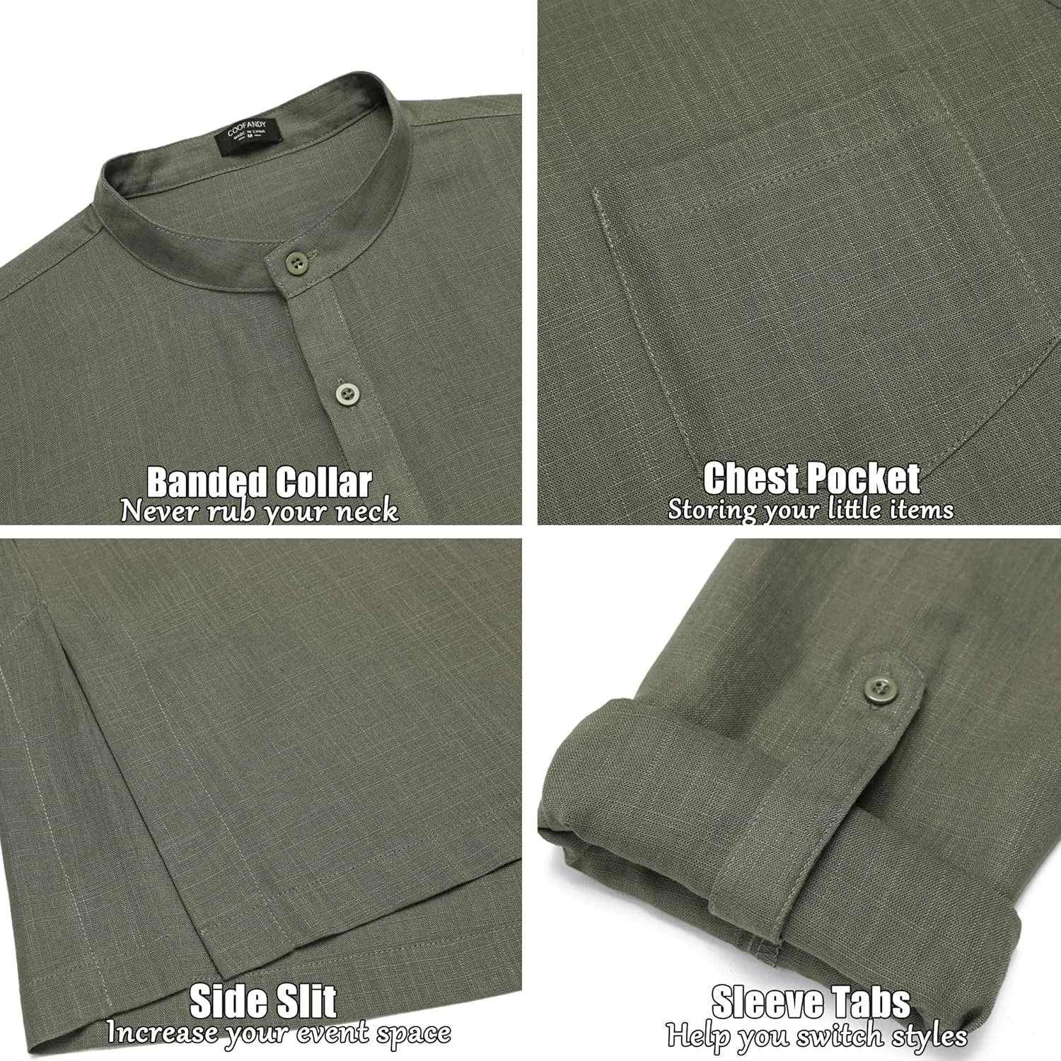COOFANDY Men's Linen Henley Shirts Long Sleeve Collarless T-Shirts Longline Kurta Beach Shirts with Pocket