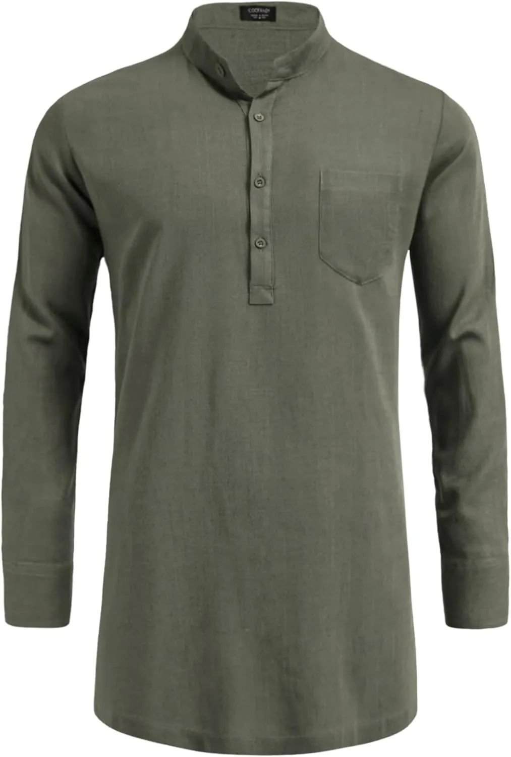 COOFANDY Men's Linen Henley Shirts Long Sleeve Collarless T-Shirts Longline Kurta Beach Shirts with Pocket