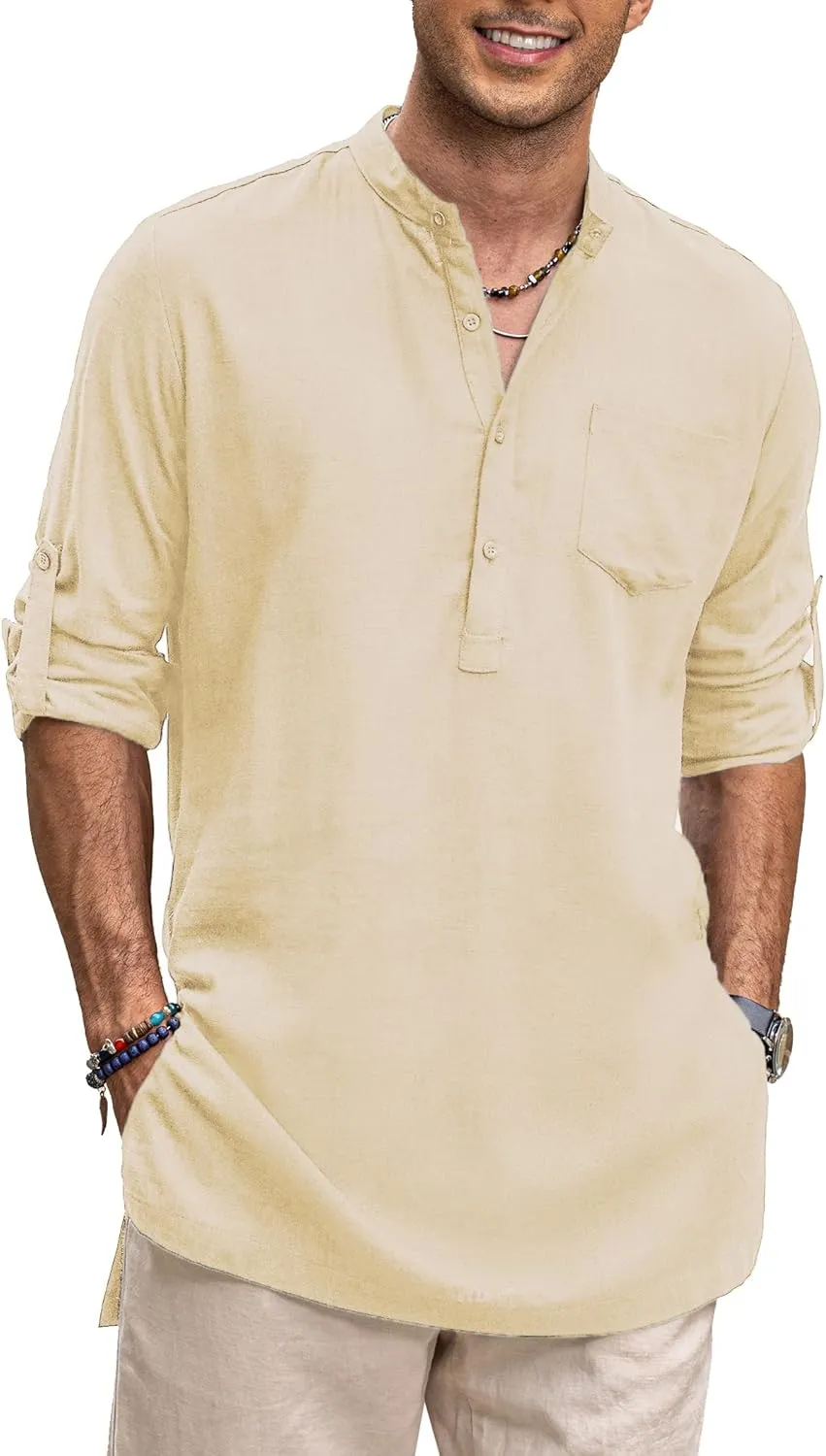 COOFANDY Men's Linen Henley Shirts Long Sleeve Collarless T-Shirts Longline Kurta Beach Shirts with Pocket