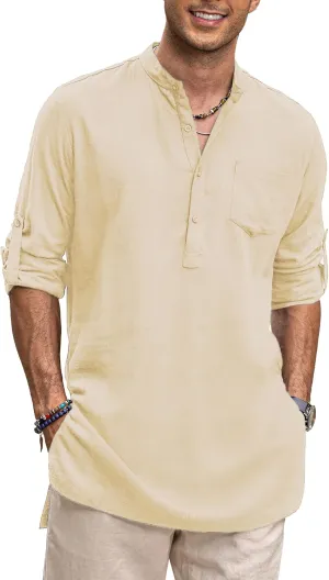 COOFANDY Men's Linen Henley Shirts Long Sleeve Collarless T-Shirts Longline Kurta Beach Shirts with Pocket