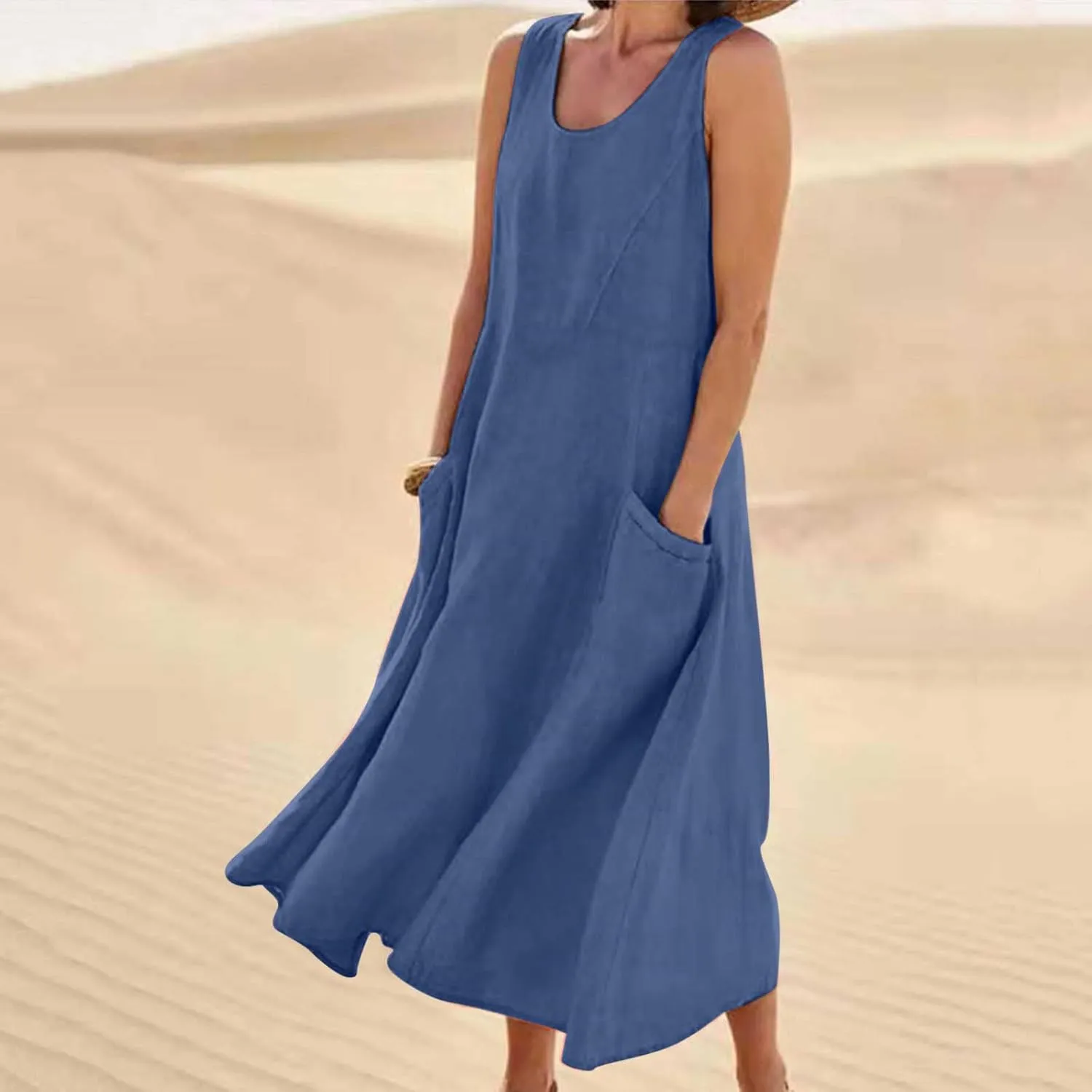 Cotton Linen Maxi Dress Women's 2025 Summer Boho Casual Beach Dresses Sleeveless Solid Long Sundress Vacation Outfits