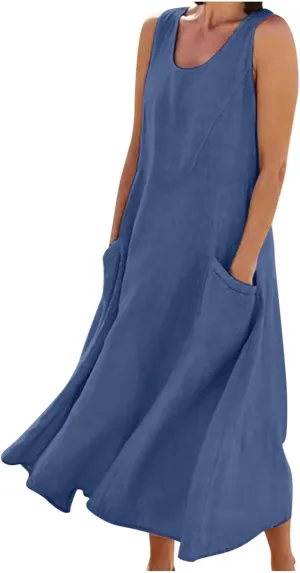 Cotton Linen Maxi Dress Women's 2025 Summer Boho Casual Beach Dresses Sleeveless Solid Long Sundress Vacation Outfits