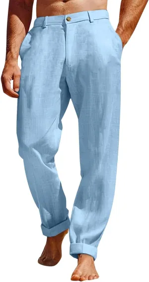 Cotton Linen Pants for Men 2025 Straight Legs Summer Beach Trousers Casual Baggy Loose Fit Yoga Pants with Pocket