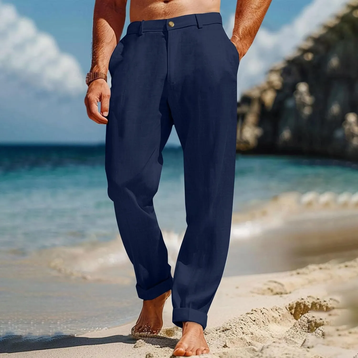 Cotton Linen Pants for Men 2025 Straight Legs Summer Beach Trousers Casual Baggy Loose Fit Yoga Pants with Pocket