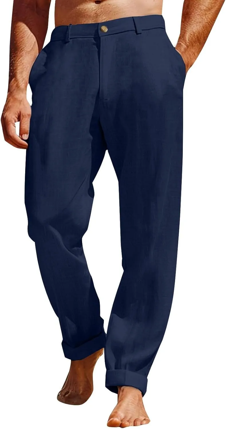 Cotton Linen Pants for Men 2025 Straight Legs Summer Beach Trousers Casual Baggy Loose Fit Yoga Pants with Pocket