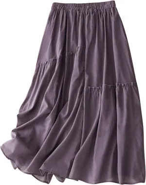 Cotton Linen Skirts for Women Summer Elastic Waisted Swing Tiered Double Layerd Maxi Skirts Irregular Ruffle Lightweight