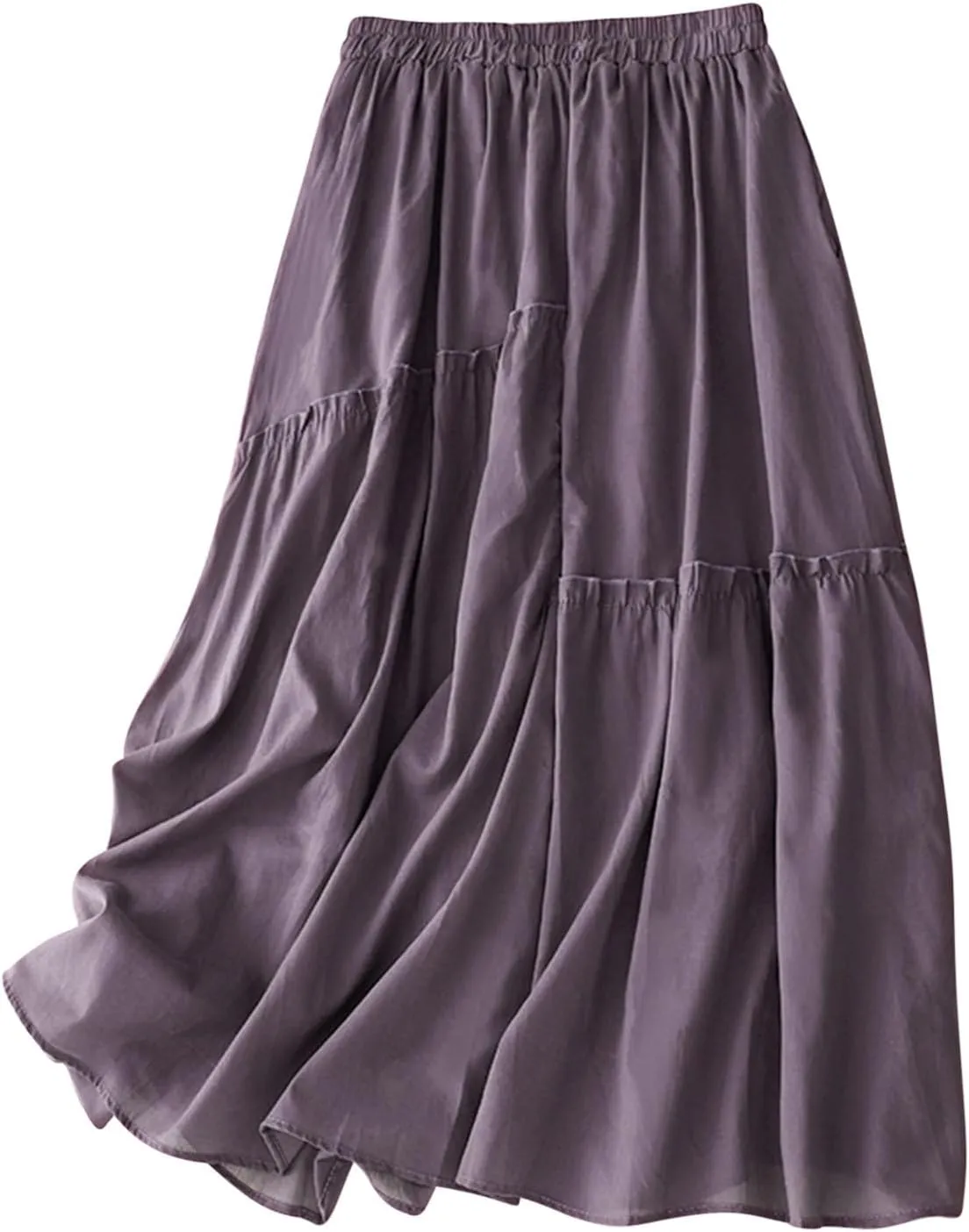 Cotton Linen Skirts for Women Summer Elastic Waisted Swing Tiered Double Layerd Maxi Skirts Irregular Ruffle Lightweight