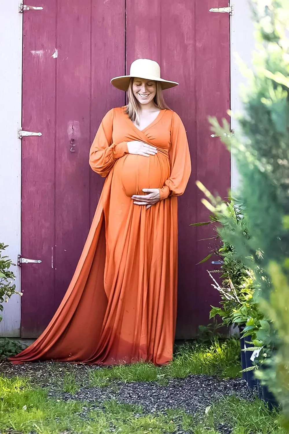 Dedysler Maternity Gowns Long Sleeves Baby Shower Dress for Photoshoot Wrap Split Sweetheart Maxi Photography
