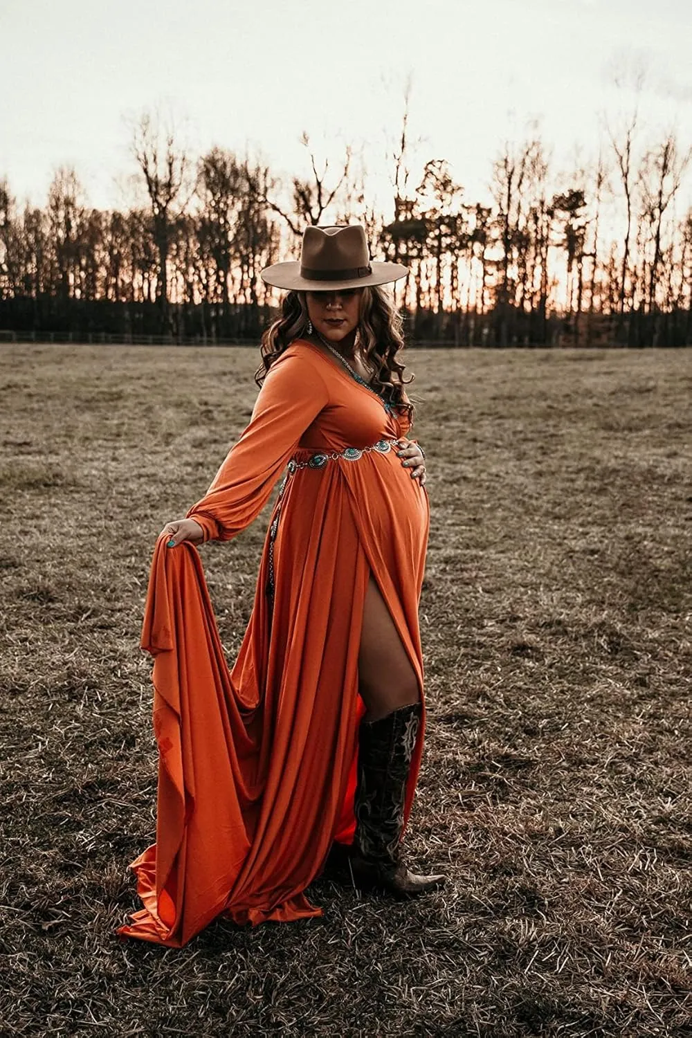 Dedysler Maternity Gowns Long Sleeves Baby Shower Dress for Photoshoot Wrap Split Sweetheart Maxi Photography