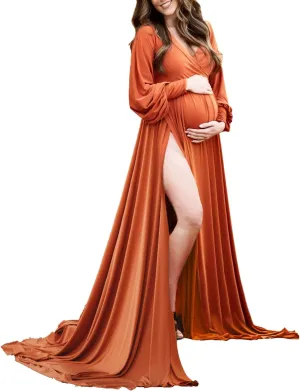 Dedysler Maternity Gowns Long Sleeves Baby Shower Dress for Photoshoot Wrap Split Sweetheart Maxi Photography