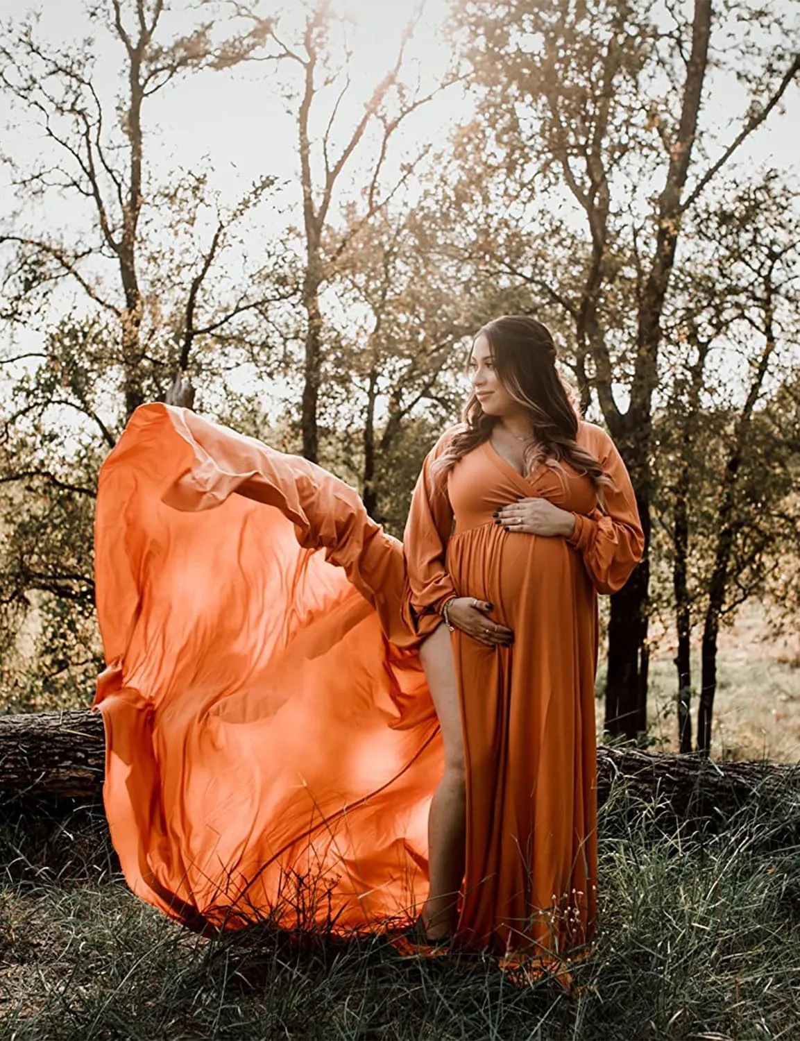 Dedysler Maternity Gowns Long Sleeves Baby Shower Dress for Photoshoot Wrap Split Sweetheart Maxi Photography