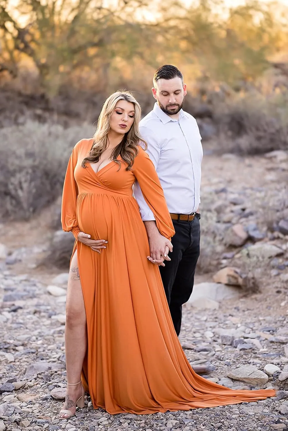 Dedysler Maternity Gowns Long Sleeves Baby Shower Dress for Photoshoot Wrap Split Sweetheart Maxi Photography
