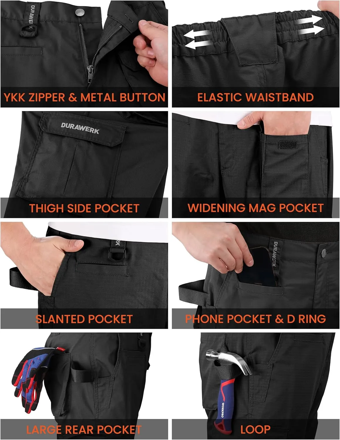 DURAWERK Men's Cargo Pants, Water Resistant Work Pants, Durable Ripstop Tactical Pants, EDC Hiking Pants, Hunting Pants
