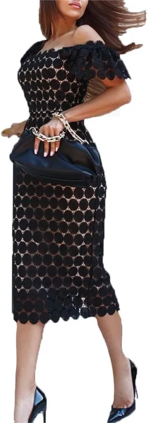 Elegant Lace Commuter Mid Waist Slim Dress Temperament Crochet Medium Long Cocktail Prom Evening Gowns