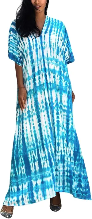 FEOYA Women's Bohemian Swim Cover Ups Printed V-Neck Pullover Kaftan Dress Swimsuit with Slit