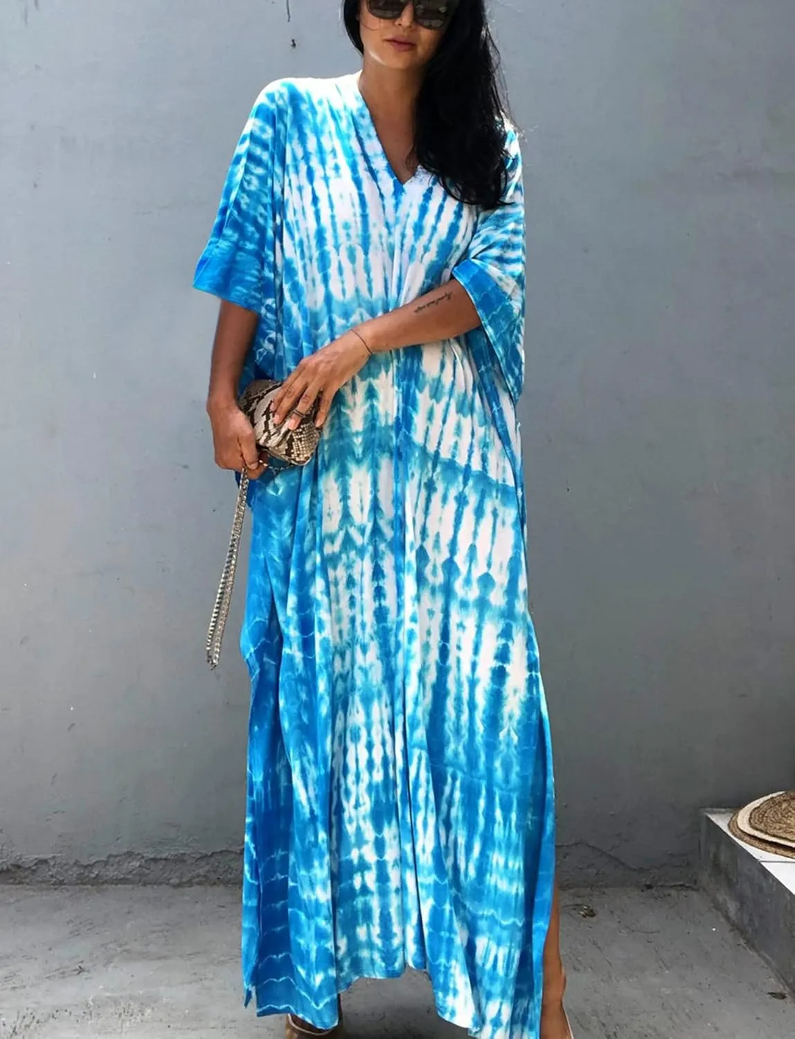 FEOYA Women's Bohemian Swim Cover Ups Printed V-Neck Pullover Kaftan Dress Swimsuit with Slit