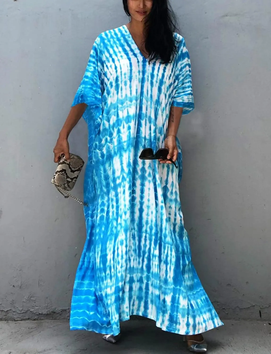 FEOYA Women's Bohemian Swim Cover Ups Printed V-Neck Pullover Kaftan Dress Swimsuit with Slit