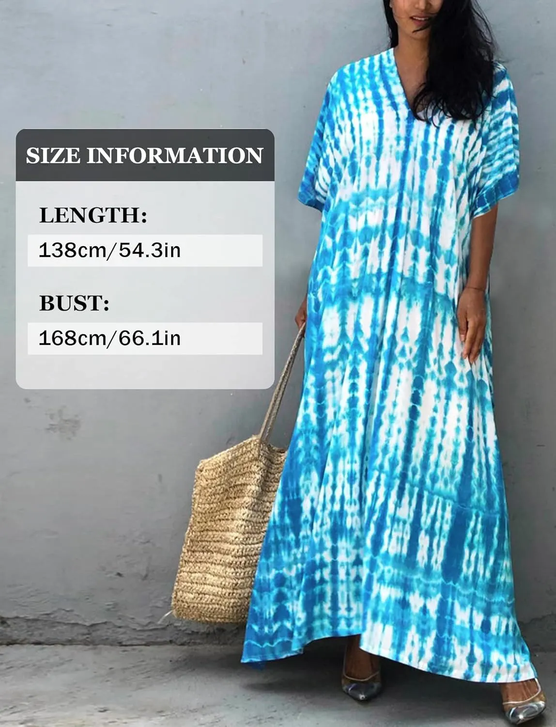 FEOYA Women's Bohemian Swim Cover Ups Printed V-Neck Pullover Kaftan Dress Swimsuit with Slit