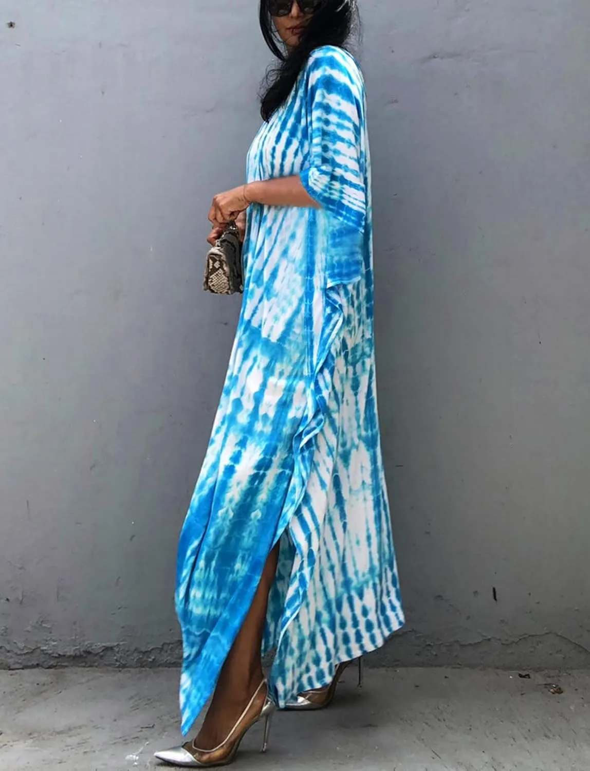 FEOYA Women's Bohemian Swim Cover Ups Printed V-Neck Pullover Kaftan Dress Swimsuit with Slit
