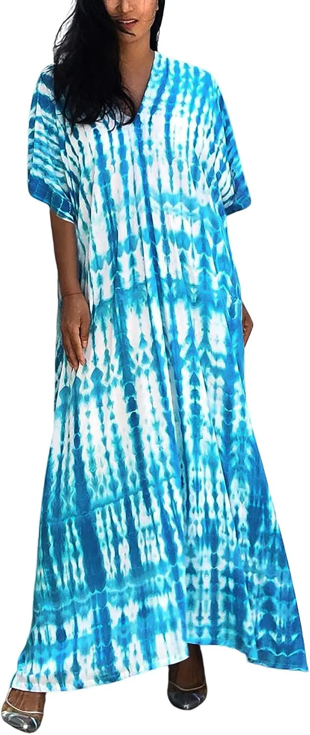 FEOYA Women's Bohemian Swim Cover Ups Printed V-Neck Pullover Kaftan Dress Swimsuit with Slit