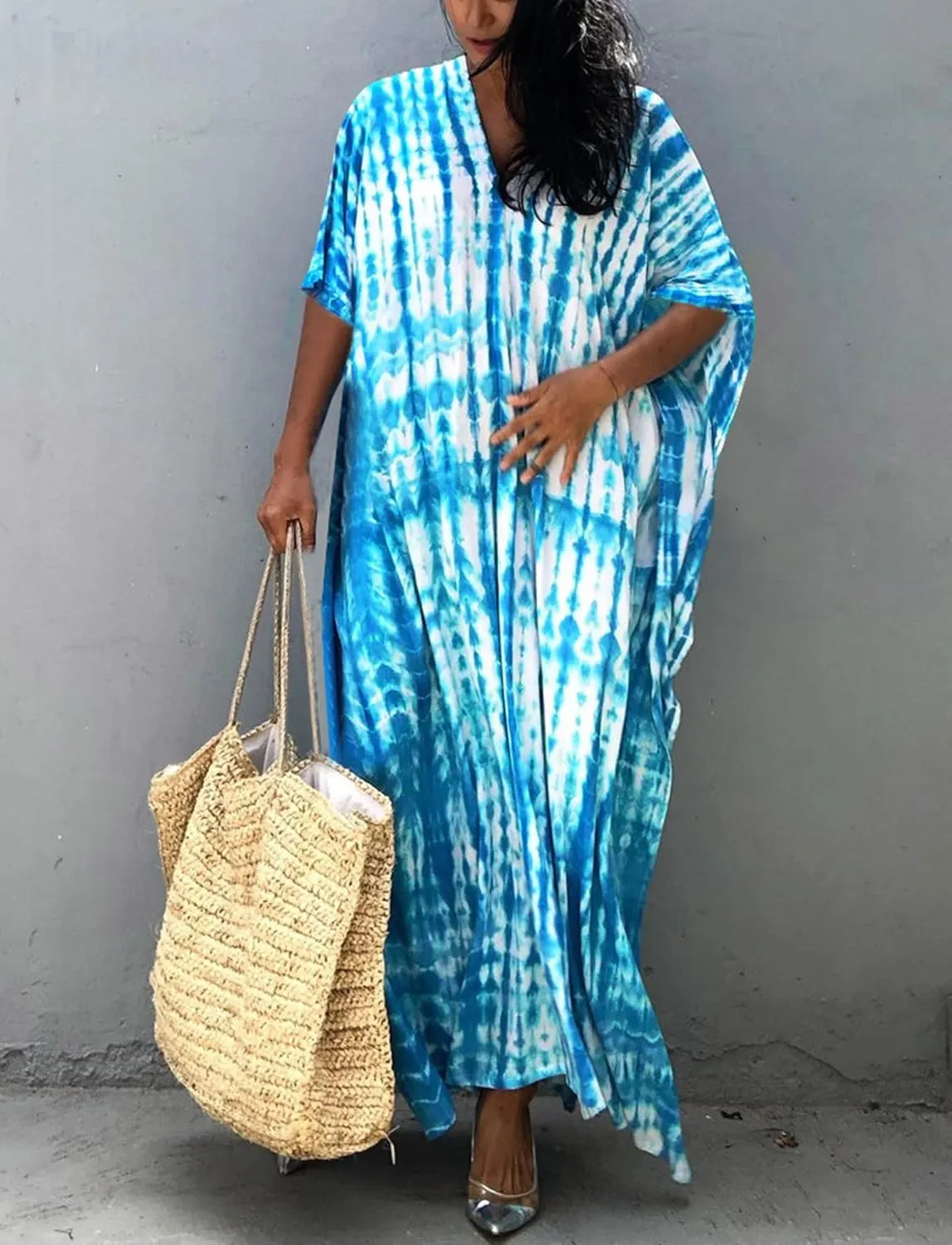 FEOYA Women's Bohemian Swim Cover Ups Printed V-Neck Pullover Kaftan Dress Swimsuit with Slit