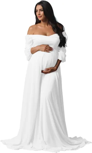 Fivsole Long Sleeve Maternity Dress for Baby Shower Photoshoot Chiffon Pregnancy Maternity Gowns for Photography