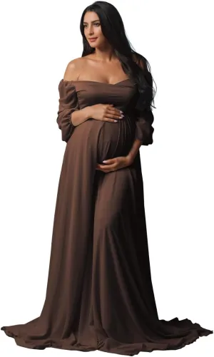 Fivsole Long Sleeve Maternity Dress for Baby Shower Photoshoot Chiffon Pregnancy Maternity Gowns for Photography