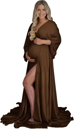 Fivsole Long Sleeve Maternity Dress for Photoshoot Pregnancy Gowns Plus Size Satin Baby Shower Dress