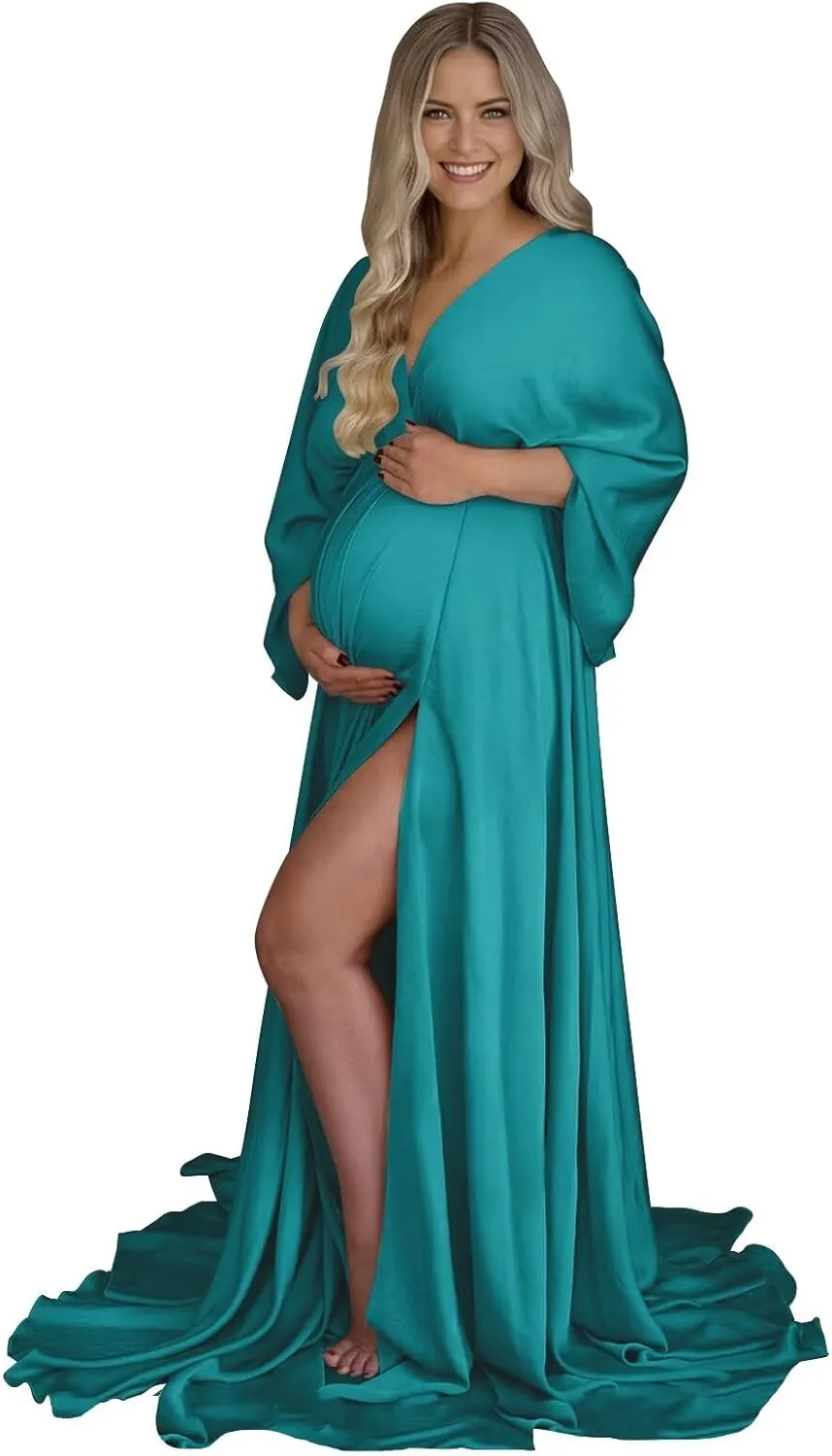 Fivsole Long Sleeve Maternity Dress for Photoshoot Pregnancy Gowns Plus Size Satin Baby Shower Dress
