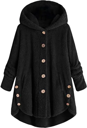 Fleece Jacket Women Long Hooded Button Fleece Sleeve Plus Size Women Women's Coat Oversized Fluffy Outerwear Long