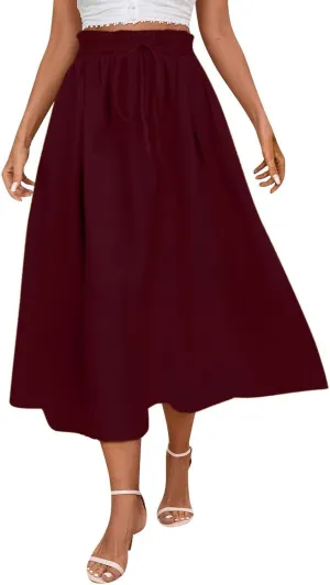 Floral Midi Skirt Boho Flowy Elastic High Waist A Line Skirt Bow Linen Flared Beach Long Skirts for Women with Pockets