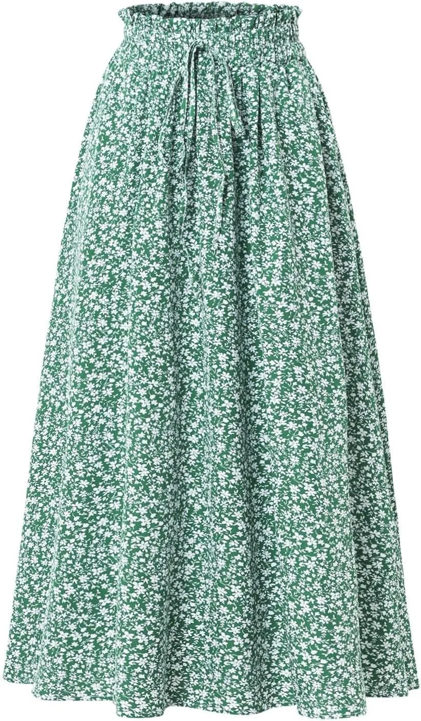 Floral Midi Skirt Boho Flowy Elastic High Waist A Line Skirt Bow Linen Flared Beach Long Skirts for Women with Pockets