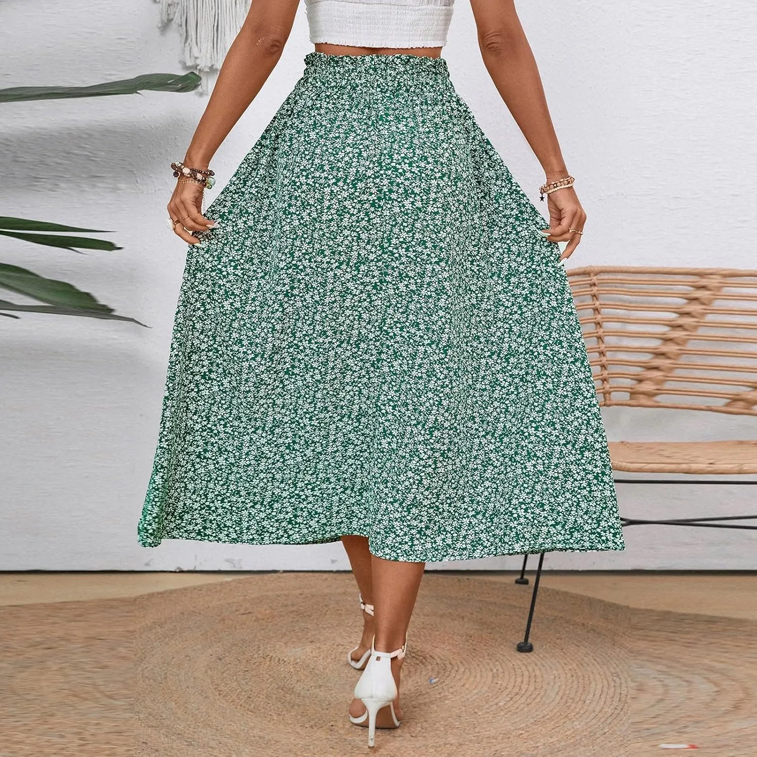 Floral Midi Skirt Boho Flowy Elastic High Waist A Line Skirt Bow Linen Flared Beach Long Skirts for Women with Pockets
