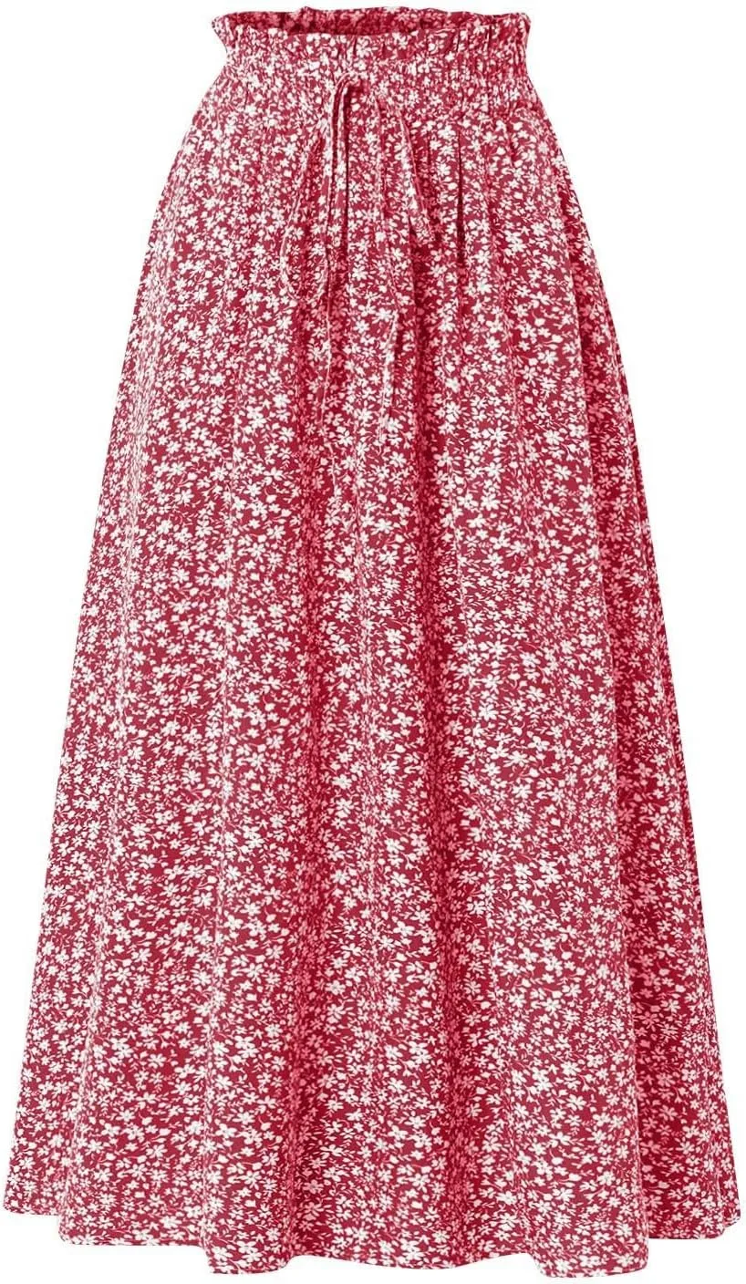 Floral Midi Skirt Boho Flowy Elastic High Waist A Line Skirt Bow Linen Flared Beach Long Skirts for Women with Pockets