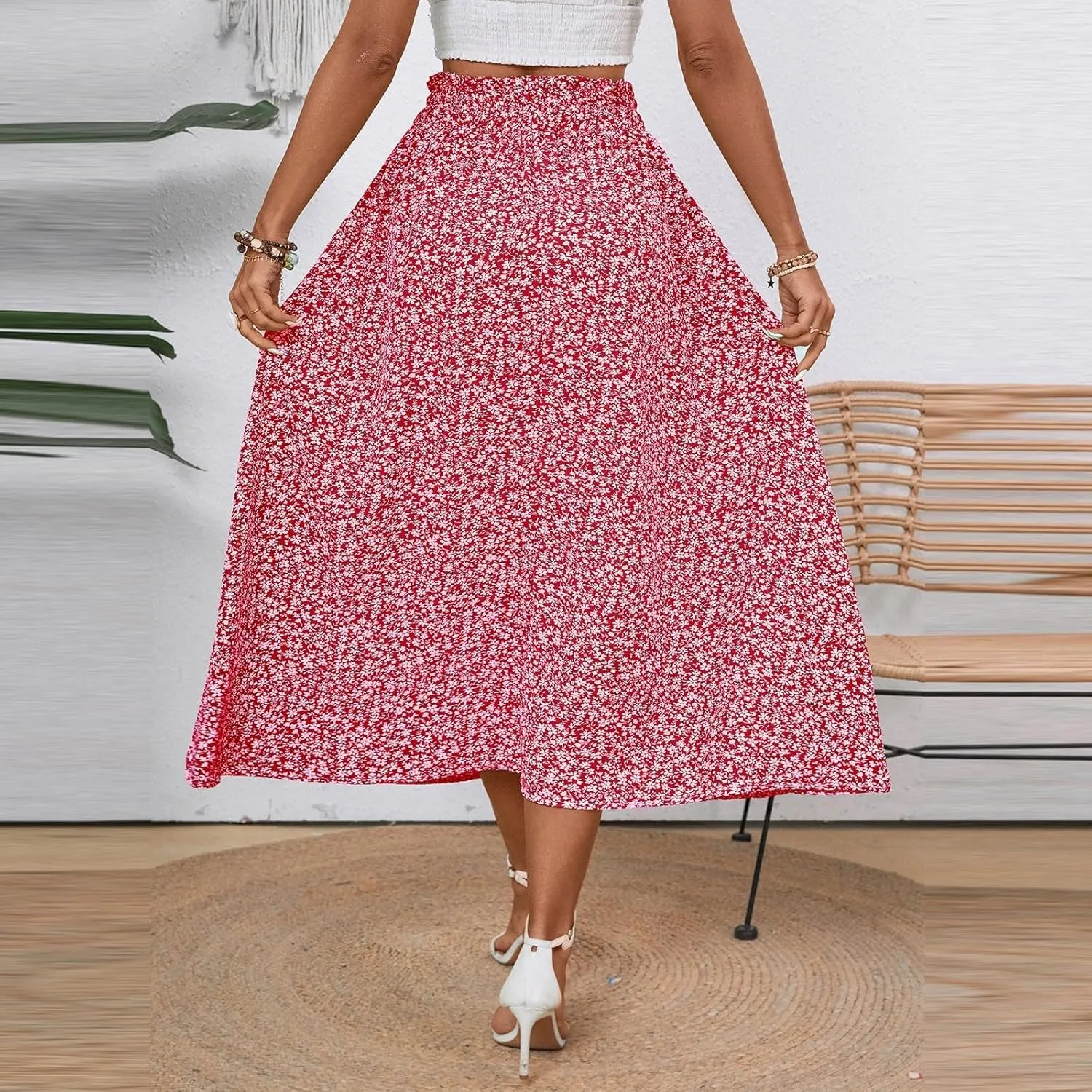 Floral Midi Skirt Boho Flowy Elastic High Waist A Line Skirt Bow Linen Flared Beach Long Skirts for Women with Pockets