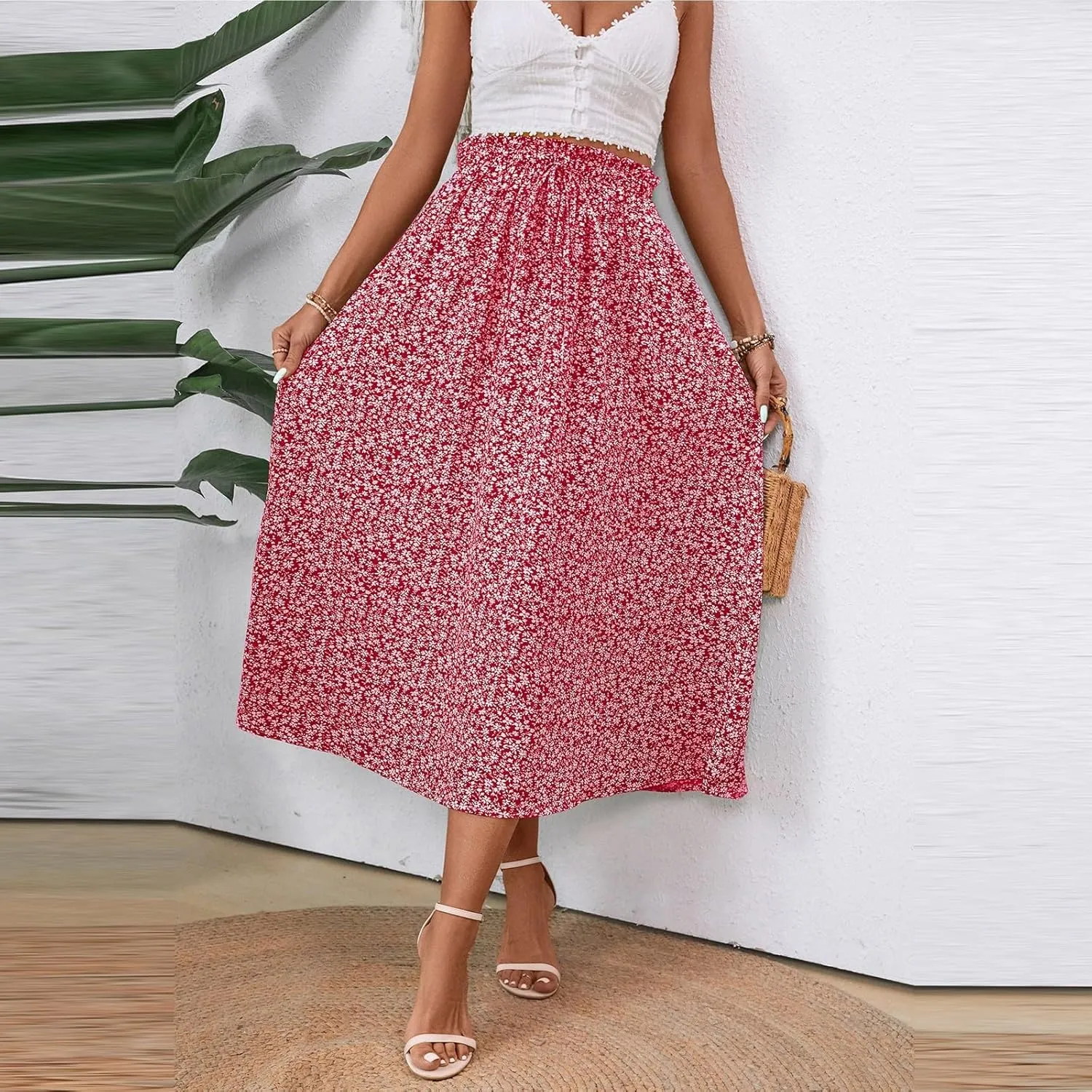 Floral Midi Skirt Boho Flowy Elastic High Waist A Line Skirt Bow Linen Flared Beach Long Skirts for Women with Pockets