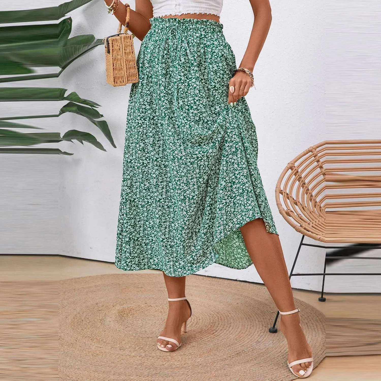 Floral Midi Skirt Boho Flowy Elastic High Waist A Line Skirt Bow Linen Flared Beach Long Skirts for Women with Pockets