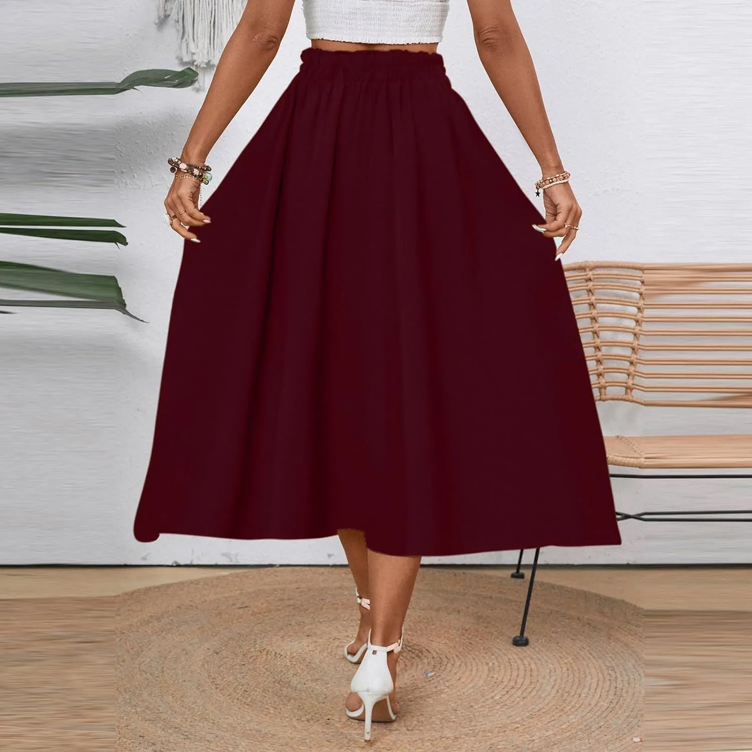 Floral Midi Skirt Boho Flowy Elastic High Waist A Line Skirt Bow Linen Flared Beach Long Skirts for Women with Pockets