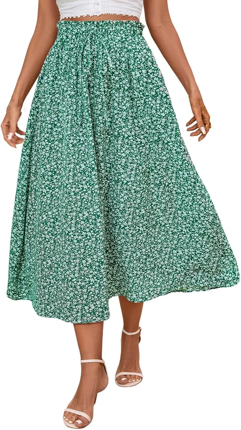 Floral Midi Skirt Boho Flowy Elastic High Waist A Line Skirt Bow Linen Flared Beach Long Skirts for Women with Pockets