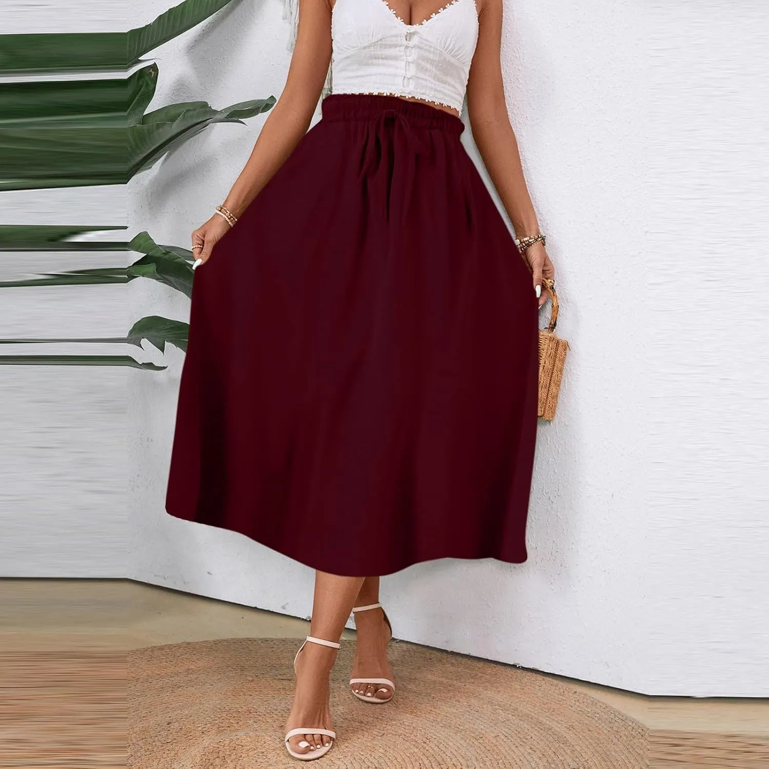 Floral Midi Skirt Boho Flowy Elastic High Waist A Line Skirt Bow Linen Flared Beach Long Skirts for Women with Pockets