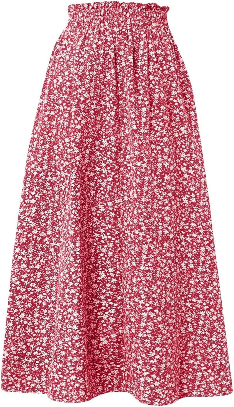 Floral Midi Skirt Boho Flowy Elastic High Waist A Line Skirt Bow Linen Flared Beach Long Skirts for Women with Pockets
