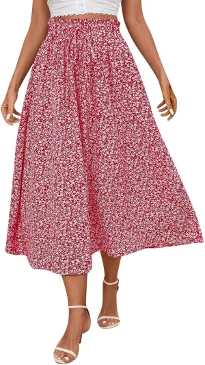 Floral Midi Skirt Boho Flowy Elastic High Waist A Line Skirt Bow Linen Flared Beach Long Skirts for Women with Pockets