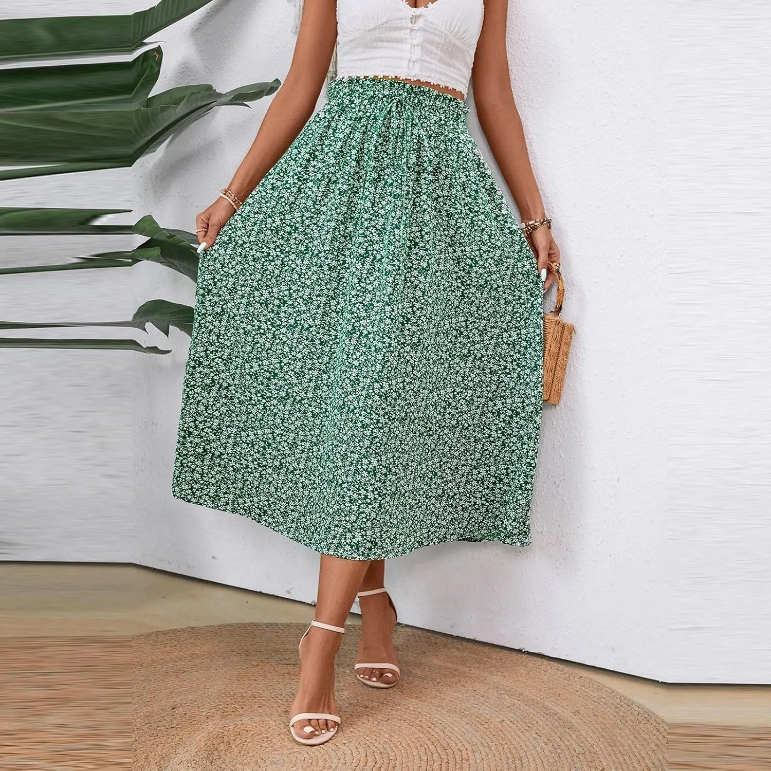 Floral Midi Skirt Boho Flowy Elastic High Waist A Line Skirt Bow Linen Flared Beach Long Skirts for Women with Pockets