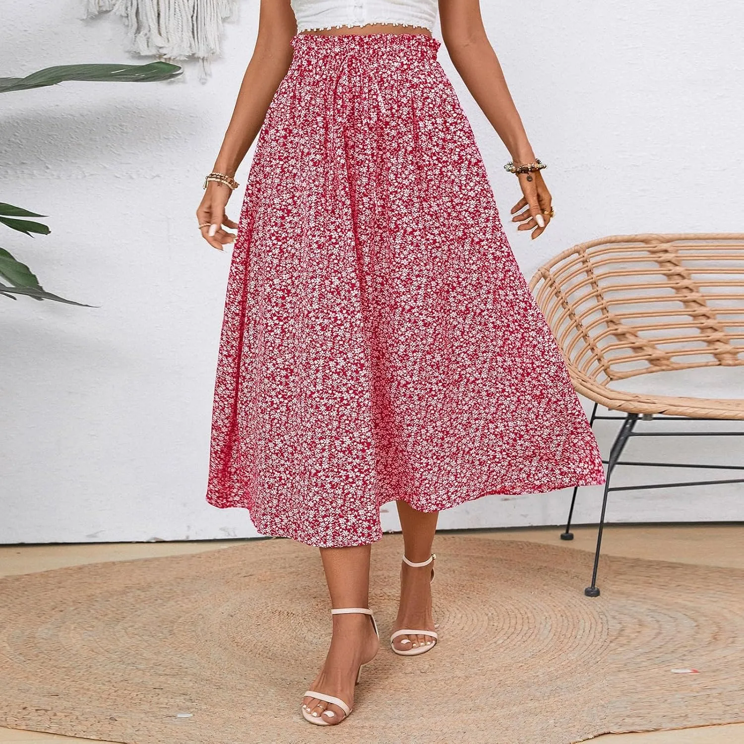 Floral Midi Skirt Boho Flowy Elastic High Waist A Line Skirt Bow Linen Flared Beach Long Skirts for Women with Pockets